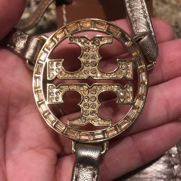 Tory Burch Gold strapped rhinestone sandal. - Picture 2 of 6